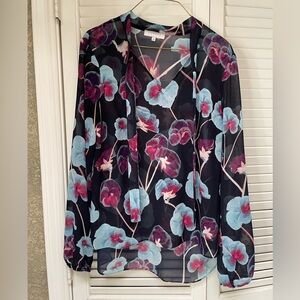 1.State floral blouse sheer tie neck blouse